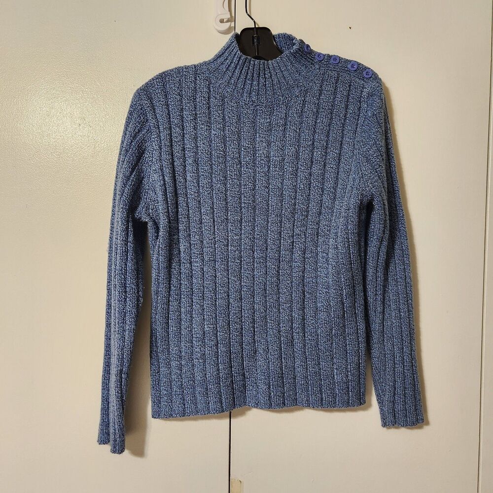 Carolyn Taylor Women’s Small Blue Ribbed Mock Neck Button Shoulder Sweater